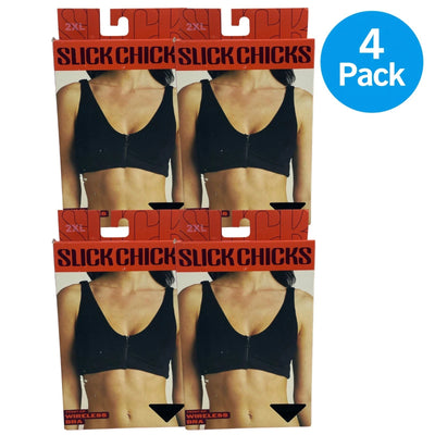 Slick Chicks Front Zip Wireless Bra Adjustable Straps Black 2XL 4 Pack New