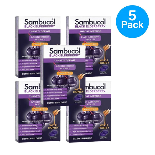 Sambucol Black Elderberry Throat Lozenges 20 Count 5 Pack box new exp 05/28