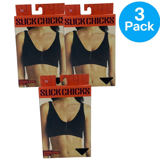 Slick Chicks Front Zip Wireless Bra Adjustable Straps Black Medium 3 Pack New
