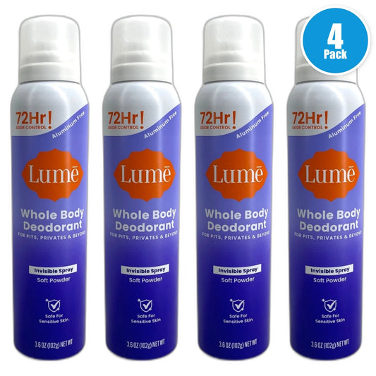 Lume Soft Powder Whole Body Invisible Spray Deodorant 3.6oz 72Hr Pack of 4 New