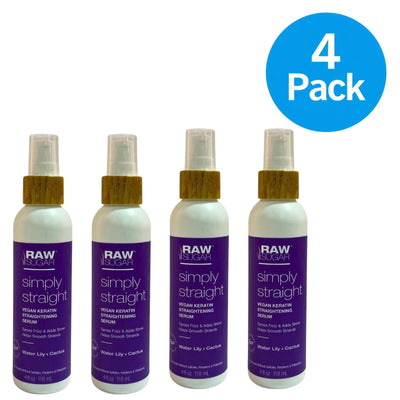 Raw Sugar Vegan Keratin Straightening Serum 4 fl oz bottles displayed in 4-pack set on white background