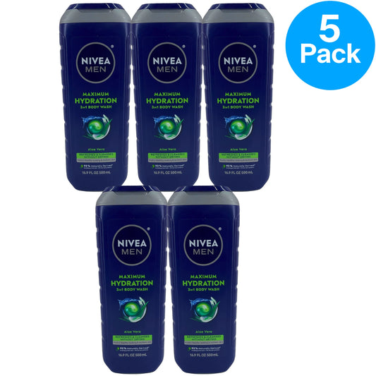 NIVEA MEN Maximum Hydration 3 in 1 Body Wash Aloe Vera 16.9 oz 5 Pack New