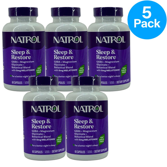 Natrol Sleep & Restore Melatonin 5mg GABA Magnesium Glycinate 60 Capsules 5 Pack