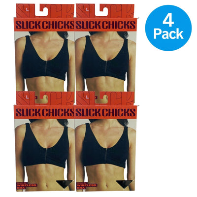 Slick Chicks Front Zip Wireless Bra Adjustable Straps Black Large 4 Pack New