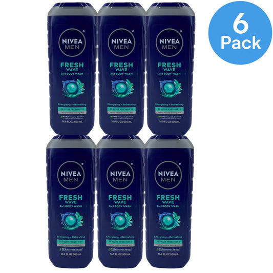NIVEA MEN Fresh Wave 3 in 1 Body Wash 16.9 oz 6 Pack New