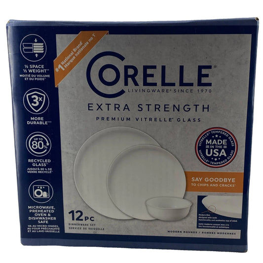Corelle Extra Strength Vitrelle Glass 12 Piece Dinnerware Set White New