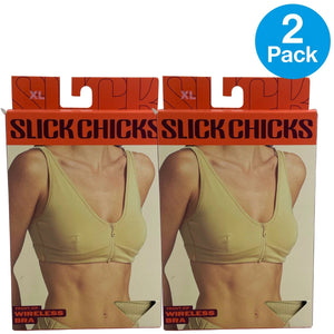 Slick Chicks Front Zip Wireless Bra Adjustable Straps Beige XL 2 Pack New