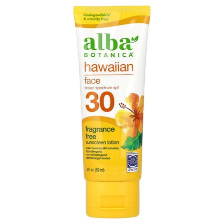 Alba Botanica Hawaiian Face Sunscreen Lotion SPF 30 Fragrance Free 89ml bottle