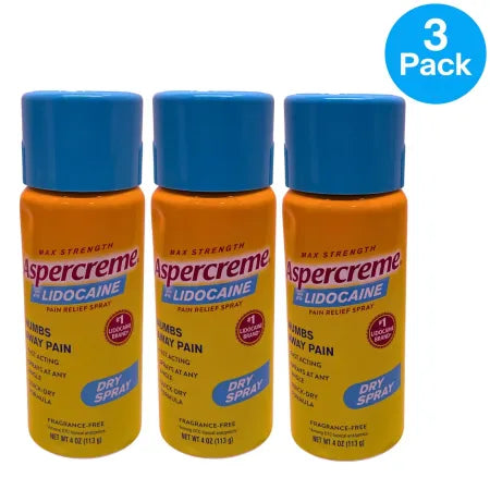 Aspercreme Lidocaine 4% Pain Relief Dry Spray 4oz bottles in 3-pack bundle for fast topical pain relief