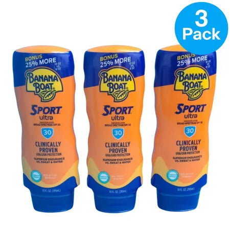 Banana Boat Sport Ultra SPF 30 sunscreen 3 pack 10oz bottles with 10/2026 expiration date