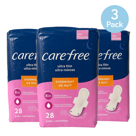 Carefree Ultra Thin Overnight Pads with Wings 28ct 3 Pack New 1