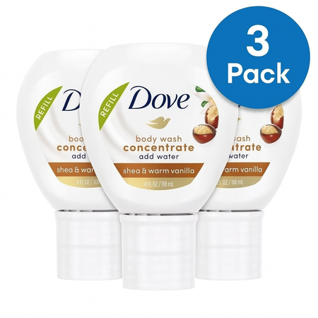 Dove Body Wash Concentrate Shea Vanilla 4oz 3 Pack bottle set with natural ingredients