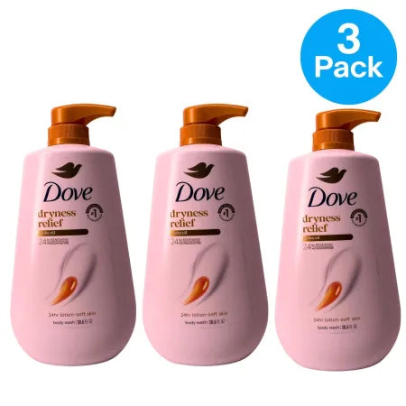 Dove Dryness Relief Body Wash 30.6oz bottles in 3-pack bundle for dry skin moisturizing care