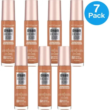 Maybelline Dream Radiant Liquid Foundation #125 Coconut 1oz bottle in 7-pack bundle for radiant skin coverage