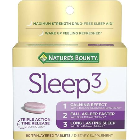 Nature's Bounty Sleep3 Melatonin 10mg, Maximum Strength Drug-Free Sleep Aid, 60 Tri-Layered Tablets
