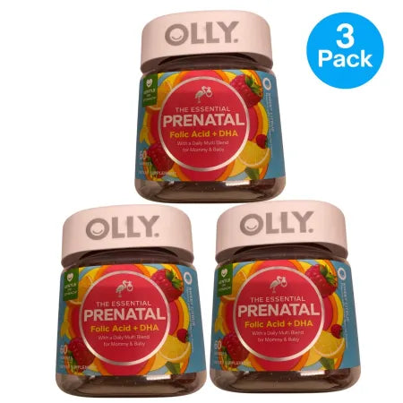 OLLY Prenatal Folic Acid + DHA 60 Gummies 3 Pack bottle display