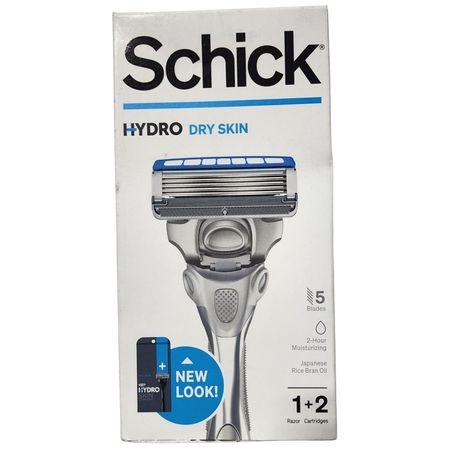 Schick Hydro Dry Skin Razor with 2 cartridges pack shot on white background