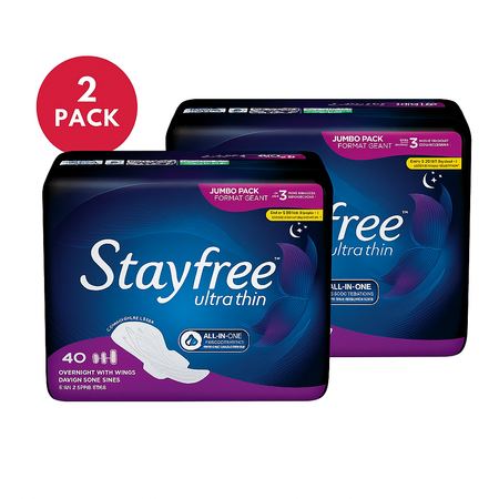Stayfree Ultra Thin Overnight Pads with Wings 40ct 2 Pack New
