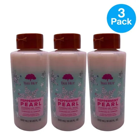 Tree Hut Peppermint Pearl Foaming Gel Wash 18oz bottles displayed in a 3-pack set