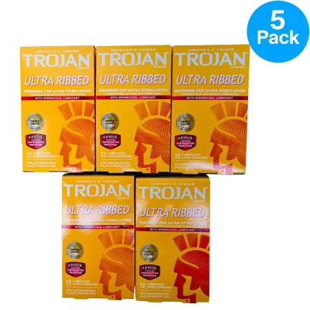 Trojan Ultra Ribbed Lubricated Latex Condoms 12 Count 5 Pack box