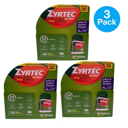 Zyrtec 10mg Allergy Tablets 30 count 3-pack boxes for indoor outdoor allergy relief