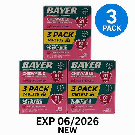 Bayer Chewable Aspirin 81mg Cherry flavor bottle, 108 tablets, 3-pack bundle, expires 06/2026