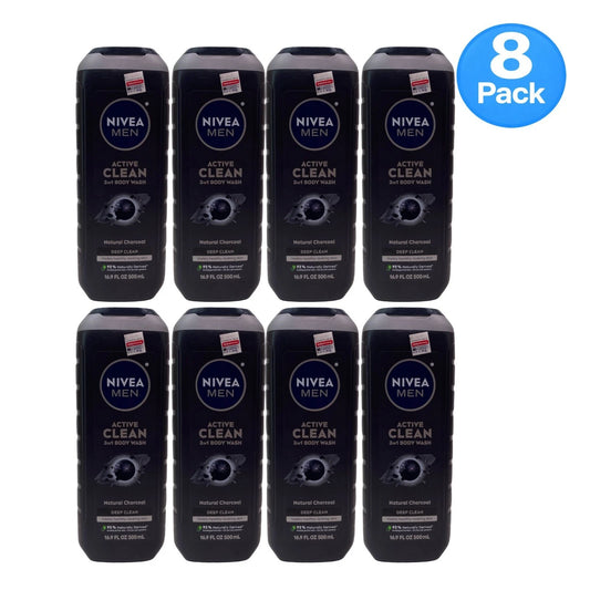NIVEA Men Active Clean 3-in-1 Body Wash Charcoal 16.9 oz 8 Pack New