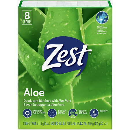 Zest Aloe Deodorant Bar Soap 8 Bars 4oz Each New