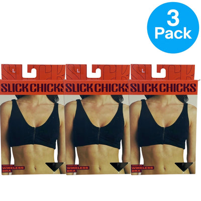 Slick Chicks Front-Zip Wireless Bra Black Size Large 3 Pack New