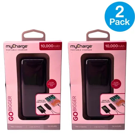 myCharge Go Bigger 10000mAh portable charger 2 pack bundle showing both black power banks with charging cables