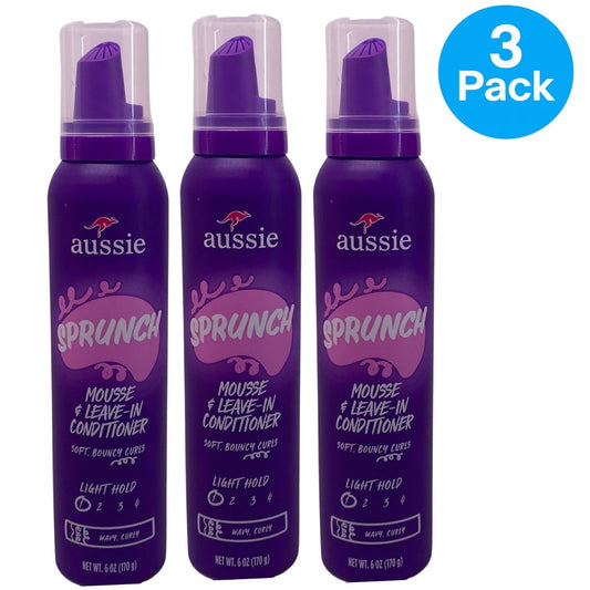 Aussie Sprunch Mousse and Leave-In Conditioner 6 oz bottles, 3 pack bundle for curl definition and hair care