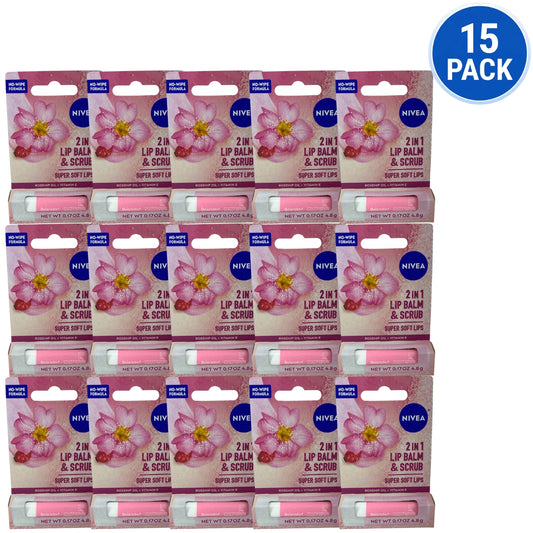 NIVEA 2 in 1 Lip Balm & Scrub Rosehip Oil 0.17 oz 15 Pack New