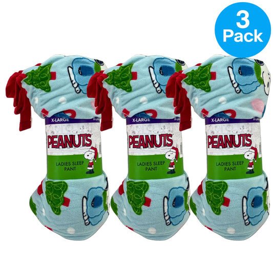 Peanuts Snoopy Ladies Sleep Pant Light Blue Christmas Holiday Fleece X-Large 3 P