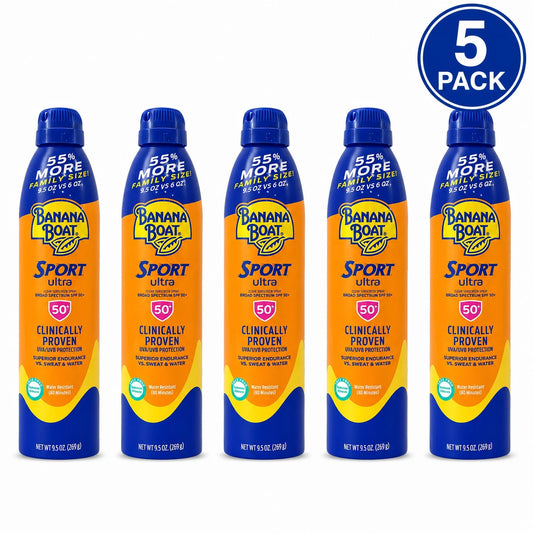 Banana Boat Sport Ultra Sunscreen Spray SPF 50+ Family Size 9.5 oz 5 Pack Bundle