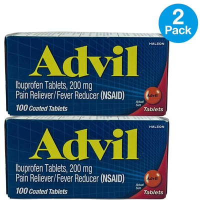 Advil Pain Reliever Fever Reducer Ibuprofen 200 mg 100 Coated Tablets 2 Pack New