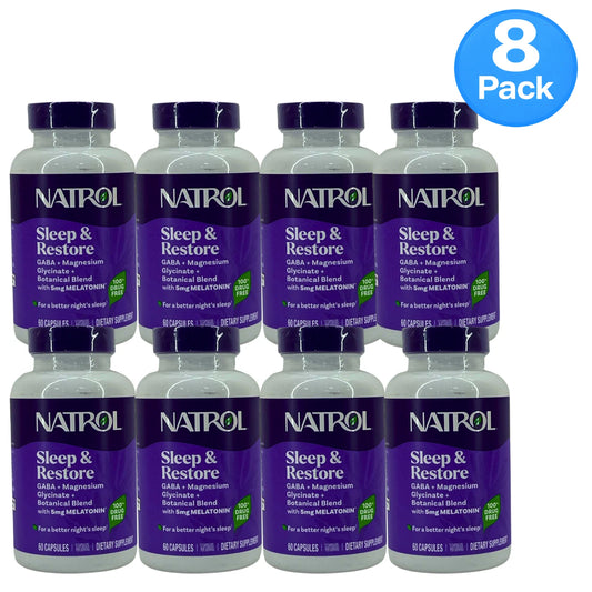 Natrol Sleep & Restore Melatonin 5mg GABA Magnesium Glycinate 60 Capsules 8 Pack