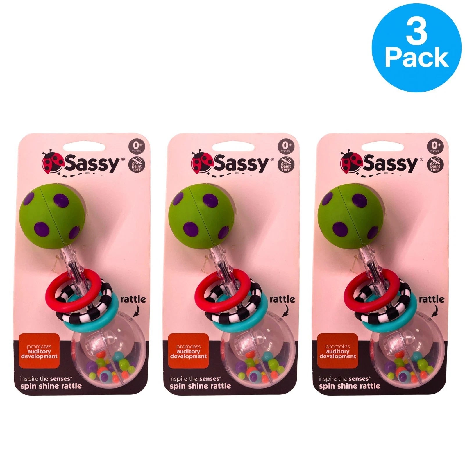 Sassy Spin Shine Rattle Baby Toy Sensory STEM 3 Pack New