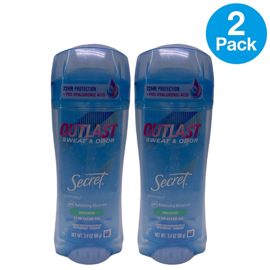 Secret Outlast Unscented Clear Gel 3.4 oz 2 Pack New EXP 06/2027