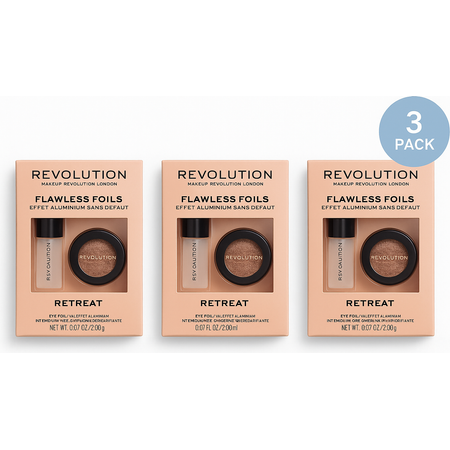 Revolution Flawless Foils Eye Shadow Retreat 3 Pack with primer showing three eyeshadow shades and applicator