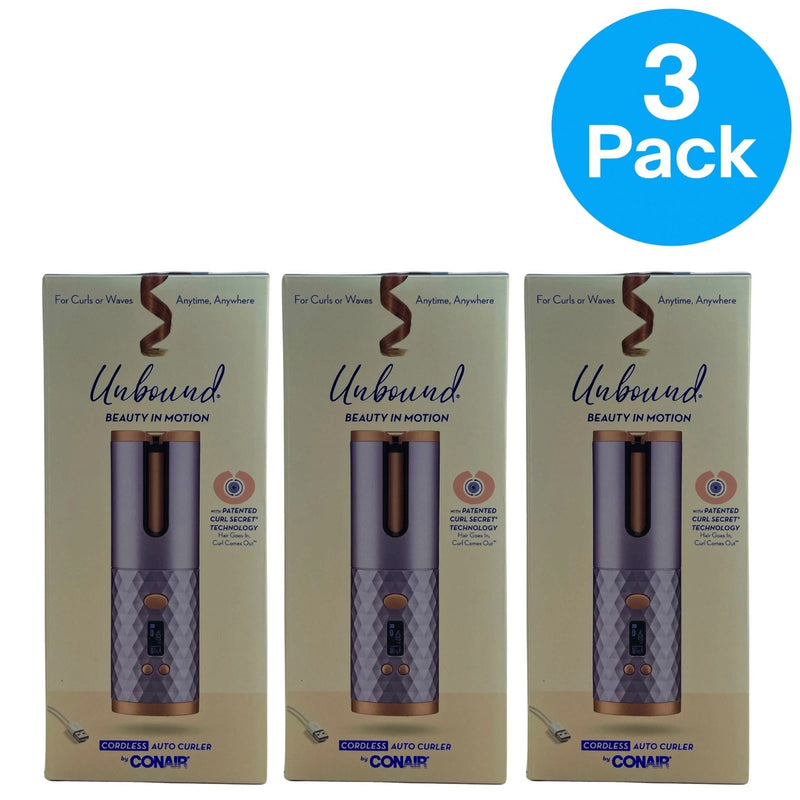 Conair Unbound Cordless Auto Curler 3-pack bundle in lavender and rose gold with styling results