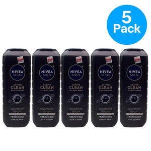 NIVEA Men Active Clean 3-in-1 Body Wash Charcoal 16.9 oz 5 Pack New