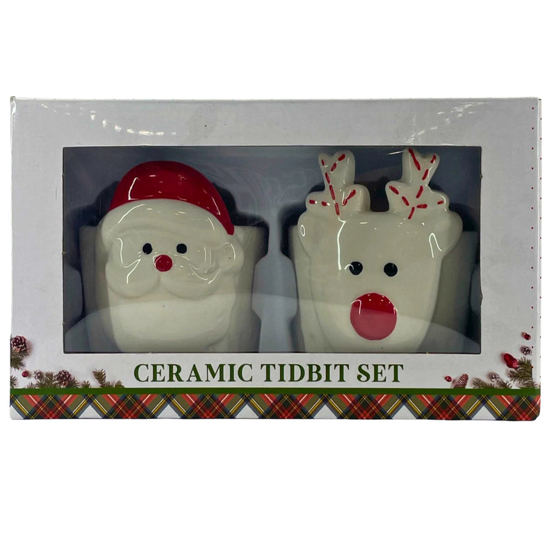 Christmas Ceramic Tidbit Bowls Set Holiday Santa & Reindeer 2 Pack Bundle