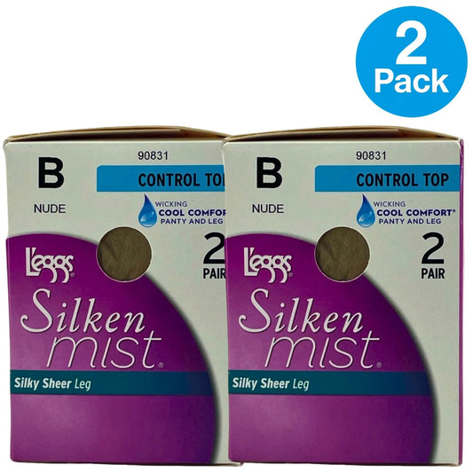 L'eggs Silken Mist Control Top Silky Sheer Tights in Nude, Size B, 2-pack box shot