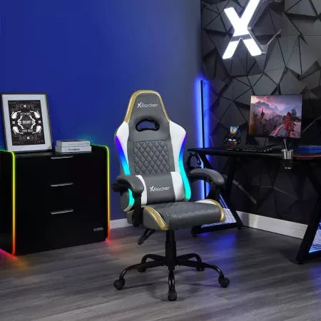X Rocker RGB LED Extra Comfort Ergonomic PC Gaming Chair Gray/White/Gold 10