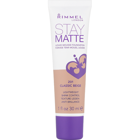 Rimmel Stay Matte Foundation 201 Classic Beige 1oz bottle on white background