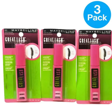 Maybelline Great Lash Curved Brush Mascara Very Black 3 Pack New