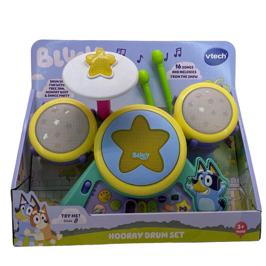 VTech Bluey Hooray Drum Set interactive musical toy with colorful drums and learning features for children