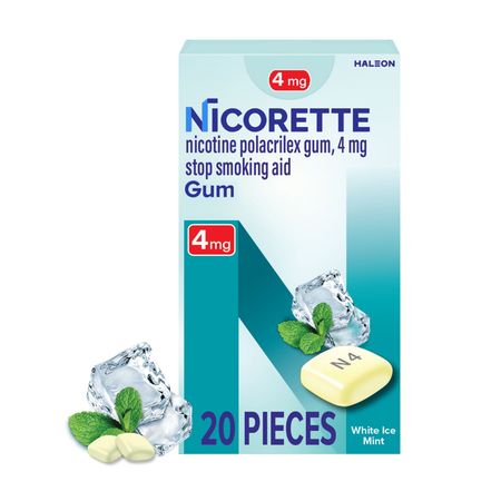 Nicorette 4mg nicotine gum white ice mint flavor 20 piece pack for smoking cessation