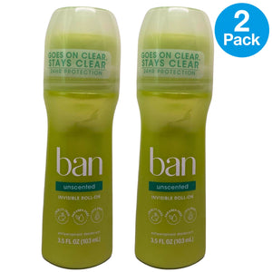 Ban Unscented Invisible Roll-On Antiperspirant Deodorant 3.5 oz 2 Pack Exp 11/26
