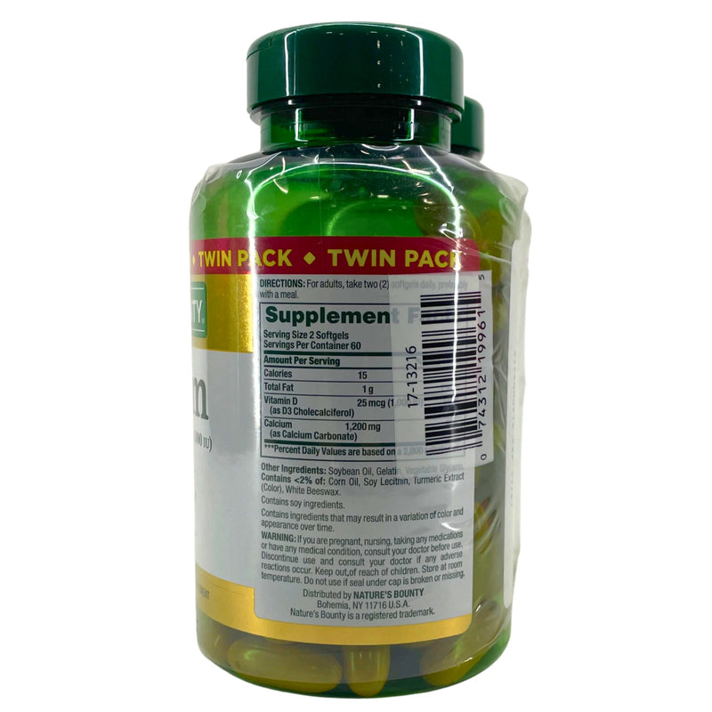 Nature's Bounty Calcium 1200 mg with Vitamin D3 120 Softgels Exp 11/28 Twin Pack